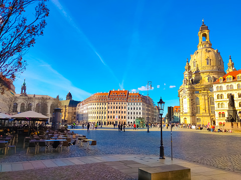 Dresden, Germany - April 18, 2022: New Market square Neumarkt and Frauenkirche Church of Our Lady