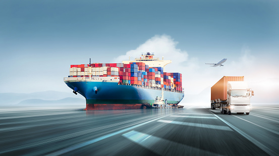 Transport of Container Truck on highway and cargo ship with airplane at sunset blue sky background with copy space, Logistics import export goods of freight carrier and transportation industry concept