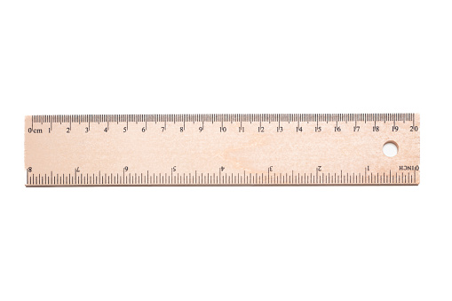 Ruler isolated cutout on white background. Wooden double rule twenty centimeter and eight inch long, draw, measurement scale instrument.