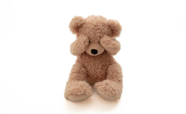 Child abuse concept. Teddy bear cover eye isolated on white background, front view