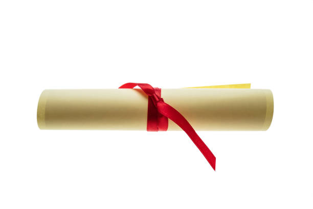 istock Degree scroll with red ribbon isolated on white. College paper certificate roll, University studies 1403189261