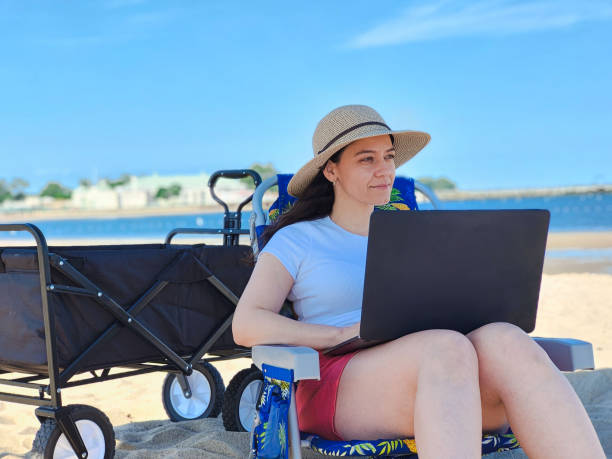istock woman working on the beach 1403190139