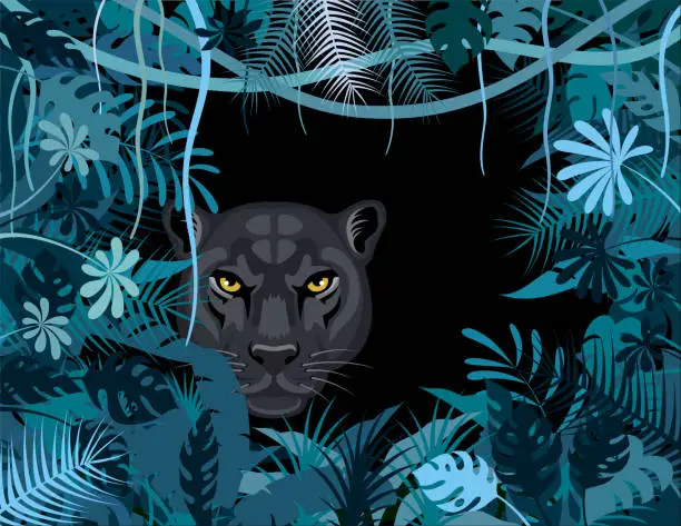 Vector illustration of Black Leopard in the jungle. Mascot Creative Logo Design.