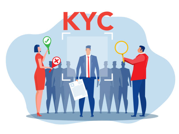 ilustrações de stock, clip art, desenhos animados e ícones de kyc or know your customer with business verifying the identity of its clients concept at the partners-to-be through a magnifying glass vector illustrator - 3621