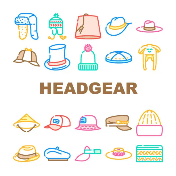 Vector illustration of Headgear Stylish Head Clothes Icons Set Vector