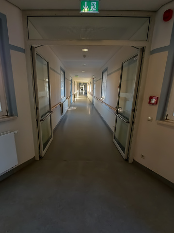 Large hospital corridor. Empty hospital corridor without people. Hospital corridor in Malaga, Spain