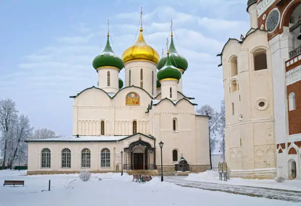 Cathedral of the Transfiguration in the Saviour Monastery of Saint Euthymius in Suzdal, Russia. Cloud day in December.