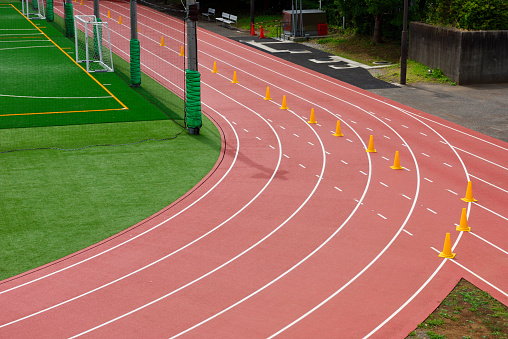 High angle view of an athletics track corner.