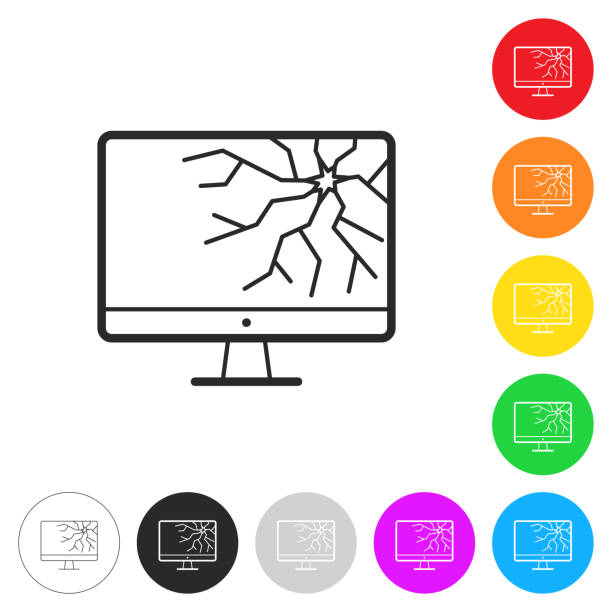 Desktop computer with broken screen. Icon on colorful buttons Icon of "Desktop computer with broken screen" isolated on white background. Includes 9 colorful buttons with a flat design style for your design (colors used: red, orange, yellow, green, blue, purple, gray, black, white, line art). Each icon is separated on its own layer. Vector Illustration with editable strokes or outlines (EPS file, well layered and grouped). Easy to edit, manipulate, resize or colorize. Vector and Jpeg file of different sizes. broken flat screen stock illustrations