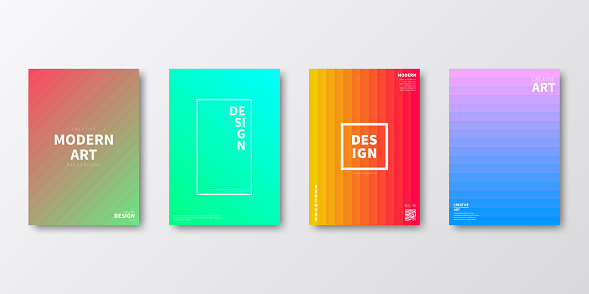 Set of four vertical brochure templates with modern and trendy backgrounds, isolated on blank background. Abstract illustrations with beautiful gradients decomposed into several color lines (colors used: Red, Purple, Pink, Orange, Green, Blue, Turquoise, Yellow). Can be used for different designs, such as brochure, cover design, magazine, business annual report, flyer, leaflet, presentations... Template for your own design, with space for your text. The layers are named to facilitate your customization. Vector Illustration (EPS10, well layered and grouped), wide format (2:1). Easy to edit, manipulate, resize and colorize.