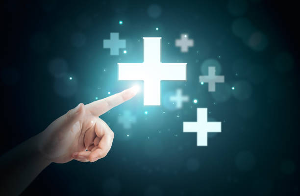 istock Hand touching plus icon means offering something positive, 1403201108