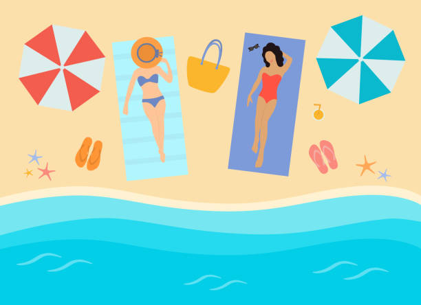 ilustrações, clipart, desenhos animados e ícones de conceito de férias de verão com vista para a praia. jovens mulheres tomando sol e relaxando. - turquoise sea backgrounds drink