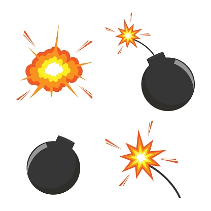 Colorful bomb is burning, explosion, isolated on white background, set.vector