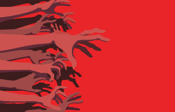 실루엣의 피에 굶주린 좀비 손과 팔이 손을 뻗어 붉은 배경에서 죽입니다. 할로윈 괴물과 정신 개념에 대한 삽화. - 살해 stock illustrations