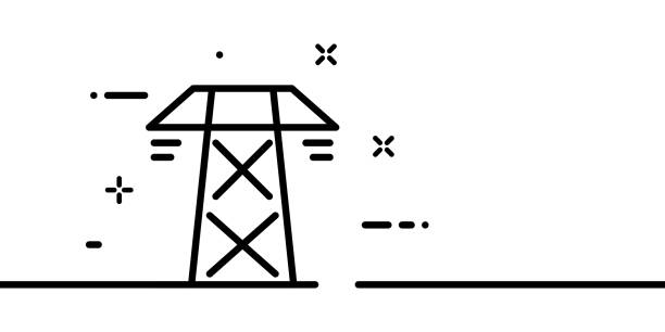 illustrazioni stock, clip art, cartoni animati e icone di tendenza di torre elettrica. elettricità, energia, filo, luce, moderno, metallico. concetto di tecnologia. stile a una riga. icona della linea vettoriale per business e pubblicità - isometric power line electricity electricity pylon