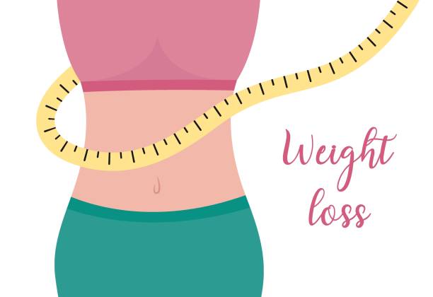Weight loss. Waist of woman and measuring tape. Female slim body. Flat vector illustration. Figure of woman losing weight. Healthy lifestyle Weight loss. Waist of woman and measuring tape. Female slim body. Flat vector illustration. Figure of woman losing weight. Healthy lifestyle. BURNING CALORIES stock illustrations