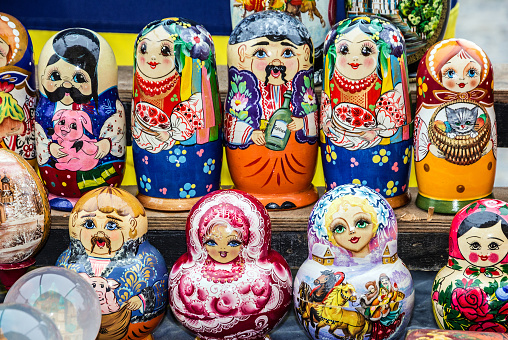 Moscow, Russia - January 18, 2022: Russian folk souvenirs nesting dolls. Tourism in Russia.