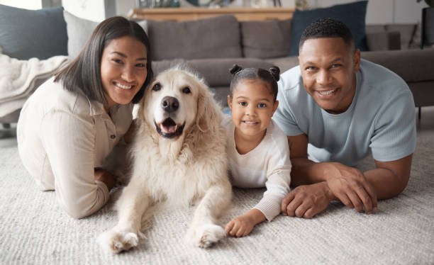 porträt einer glücklichen gemischtrassigen familie von drei personen, die sich mit ihrem hund auf der lounge-etage entspannen. liebevolle schwarze familie, die liebevoll mit einem pflegetier umgeht. junges paar, das sich mit seiner tochter und dem gerett - holding men casual mother stock-fotos und bilder