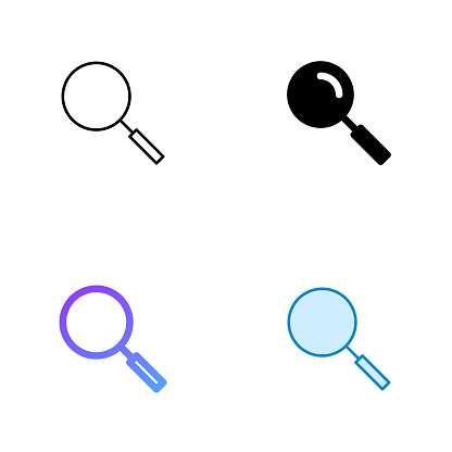 Magnifying Glass Icon Design in Four style with Editable Stroke. Line, Solid, Flat Line and Color Gradient Line. Suitable for Web Page, Mobile App, UI, UX and GUI design.