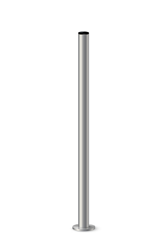 3d metal pole signpost on base vector illustration. Realistic grey steel, iron or chrome pillar with polished surface, vertical cylinder pipe holder for board or flag isolated on white background