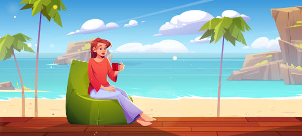 девушка отдыхает на деревянном крыльце бунгало на морском пляже - hawaii islands tropical climate mountain residential structure stock illustrations