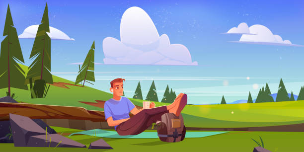 남자는 녹색 초원의 매트에 앉아 휴식을 취합니다. - stone age audio stock illustrations