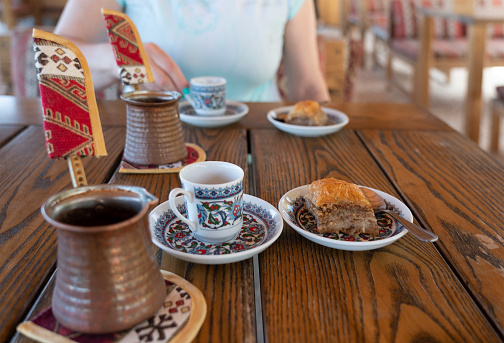 Turkish coffee and baklava on the table, tatar food