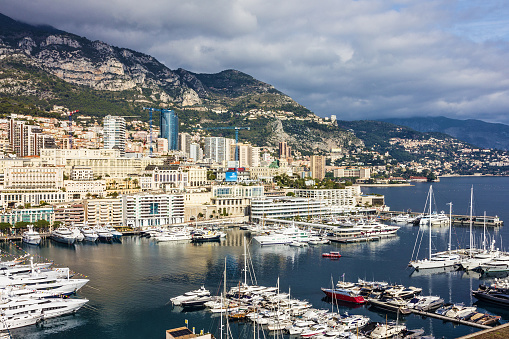 Monaco and Monte Carlo principality marina sunset view, France