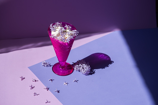 The concept of a summer party. Ice cream in a purple vase on a bright background of fashionable shades, decorated with lilac colors. Bright composition in the light of sunlight. Neon colors. Very peri