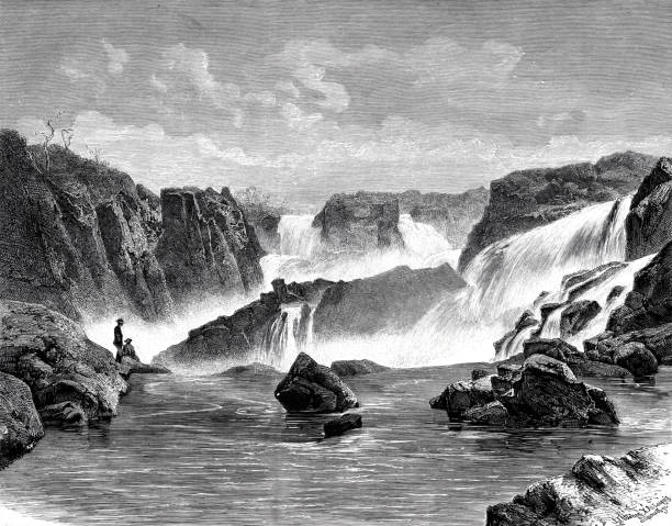 ilustraciones, imágenes clip art, dibujos animados e iconos de stock de cascada en brasil, paulo alfonso, bahía - old fashioned scenics engraving river