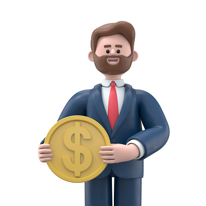 3D Illustration of smiling businessman Bob holding dollar coin. Success and money investment concept. 3D rendering on white background.