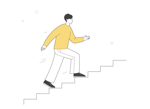 ilustraciones, imágenes clip art, dibujos animados e iconos de stock de el hombre sube las escaleras. ilustración de esquema vectorial. - black ladder white staircase