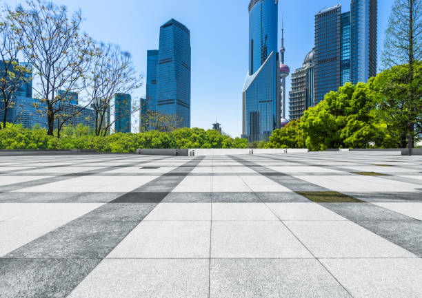 Empty floor and panoramic city skyline with buildings in Shanghai stock photo