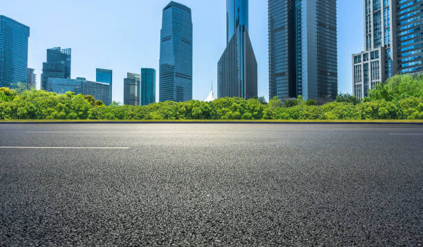 Shanghai city skyline and famous landmark buildings with asphalt road ground stock photo