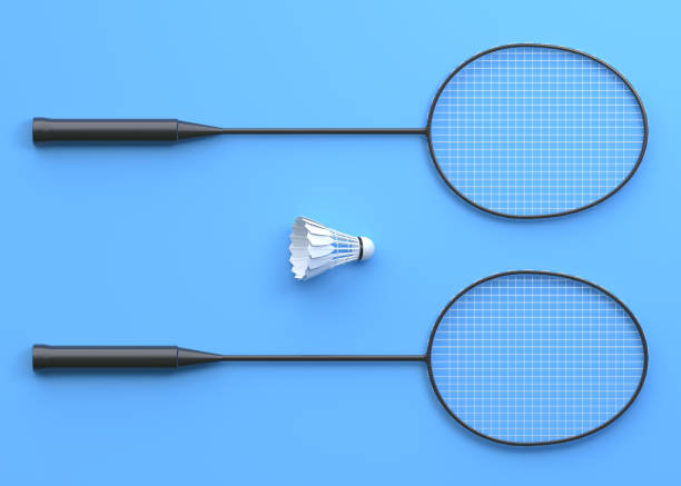 Badminton racket and shuttlecock on blue background Badminton racket and shuttlecock on blue background. Top view. 3d rendering illustration badminton racket stock pictures, royalty-free photos & images