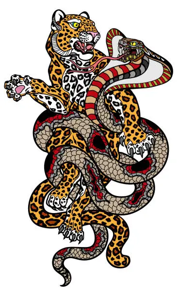 Vector illustration of cobra snake versus leopard. Tattoo