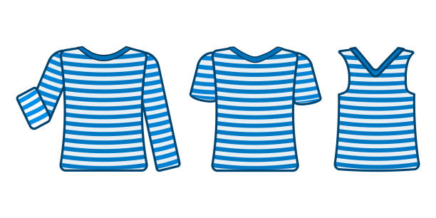 illustrations, cliparts, dessins animés et icônes de ensemble de t-shirt marin rayé isolé sur fond blanc. chemise rayée de mer à manches longues et courtes et sans manches dans des couleurs bleu blanc clair. - tank top illustrations