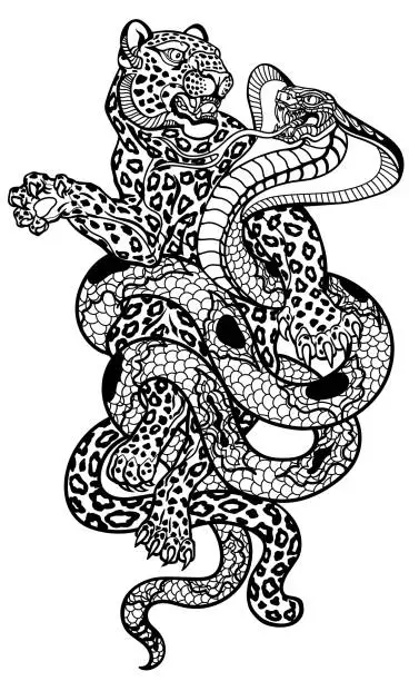 Vector illustration of cobra snake versus leopard. Black and white tattoo