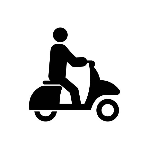 ilustrações, clipart, desenhos animados e ícones de homem no ícone de silhueta preta de fast speed scooter. ciclomotor de veículo para entrega de alimentos glifo pictograma. símbolo plano da moto de motor de roda. pessoa no transporte rápido de moto. ilustração de vetor isolado - motorcycle motocross biker moped