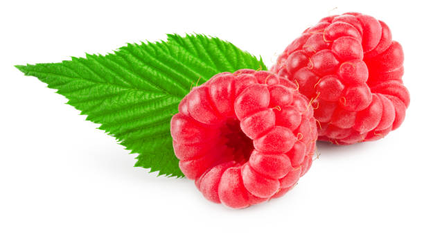 istock ripe raspberries with green leaf isolated on white background. clipping path 1403223089