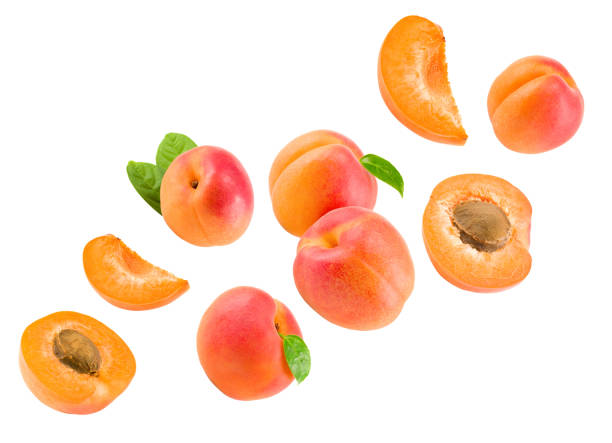 istock apricot fruit with green leaf isolated on white background. clipping path 1403223090