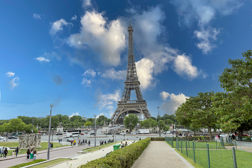 Eiffel Tower in Paris isolated on white background for text writing and design.