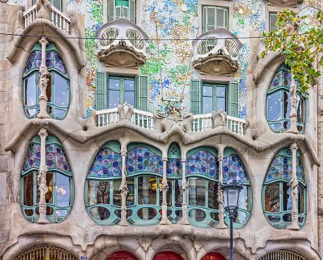 Barcelona, Spain - May 30, 2022: Fragment of famous building Casa Batllo of Antoni Gaudi