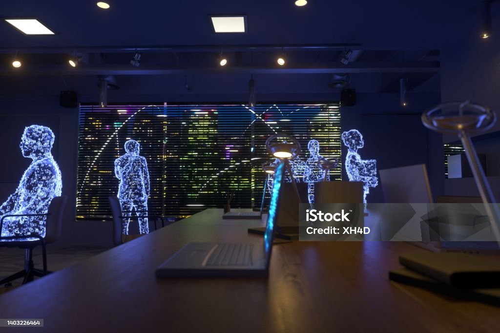 Teamwork in metaverse with Cyber City skyline Digital human 3d rending idea Artificial Intelligence Stock Photo