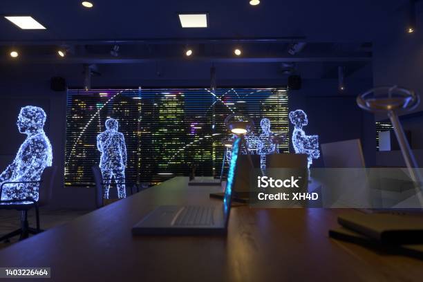 Teamwork In Metaverse With Cyber City Skyline Stock Photo - Download Image Now - Artificial Intelligence, Metaverse, Office