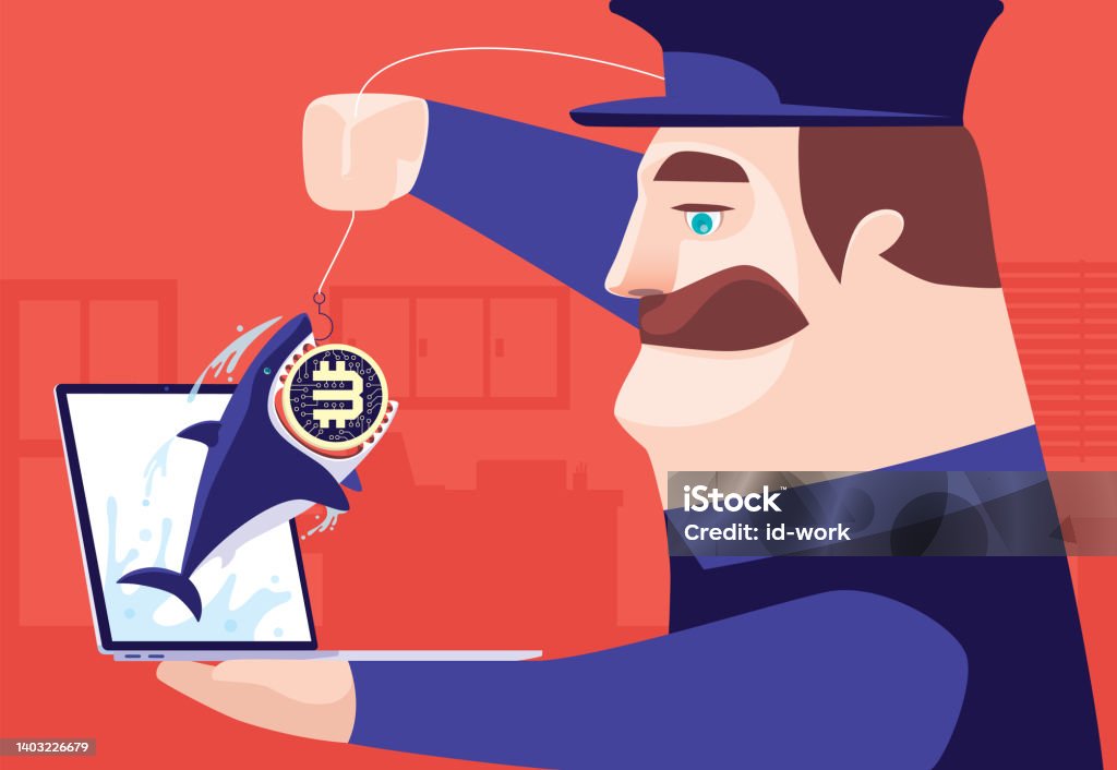 Fish Security Guard Security Guard Catching Shark On Laptop Stock Illustration - Download ...