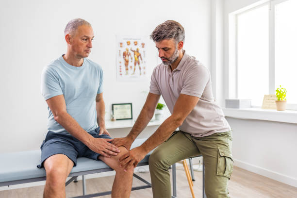 istock Traumatologist doctor examining his patient knee 1403226779