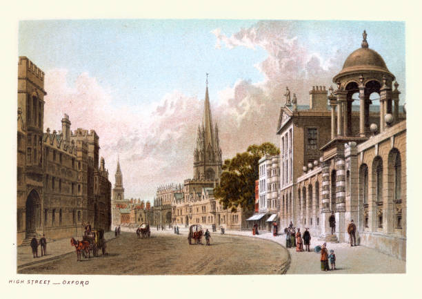 The High Street, Oxford, England, 1890s, 19th Century, Victorian art vector art illustration