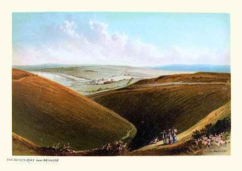 Vintage illustration, Devil's Dyke, Sussex, 1890s, 19th Century, Victorian landscape art. Devil's Dyke was a major local tourist attraction in the late 19th and early 20th centuries.