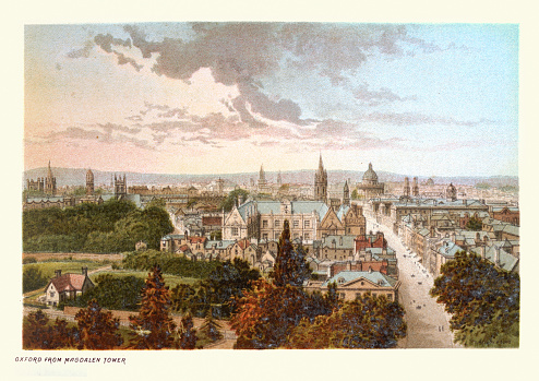 Vintage illustration, Cityscape of Oxford, England from Magdalen Tower, 1890s, 19th Century, Victorian art